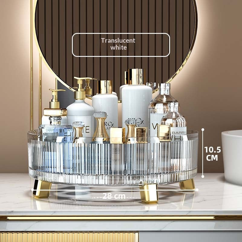 Clear rotating desktop storage box with multiple compartments for organizing small items, shown from a side angle
