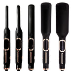Negative ion flat iron with ceramic plates shown at an angle, highlighting the sleek black design and digital display
