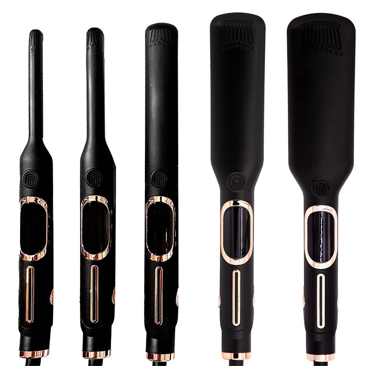 Negative ion flat iron with ceramic plates shown at an angle, highlighting the sleek black design and digital display