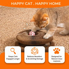 Foldable accordion cat scratcher unfolded flat showing corrugated cardboard texture and attached bell ball toy