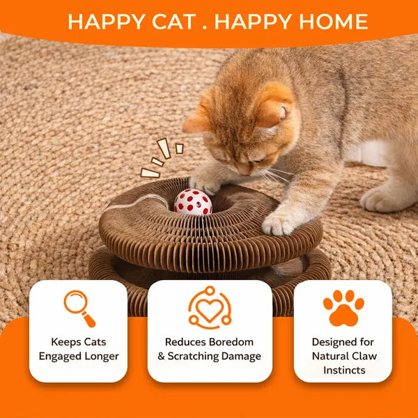 Foldable accordion cat scratcher unfolded flat showing corrugated cardboard texture and attached bell ball toy