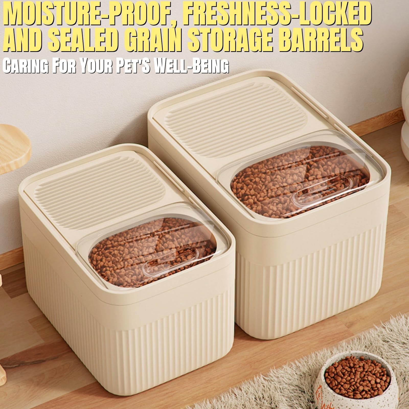 Airtight pet food storage container shown open with measuring cup resting inside, ideal for keeping kibble fresh