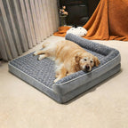 Plush L-shaped dog sofa bed with padded armrests and soft cushioned interior, ideal for medium to large dogs
