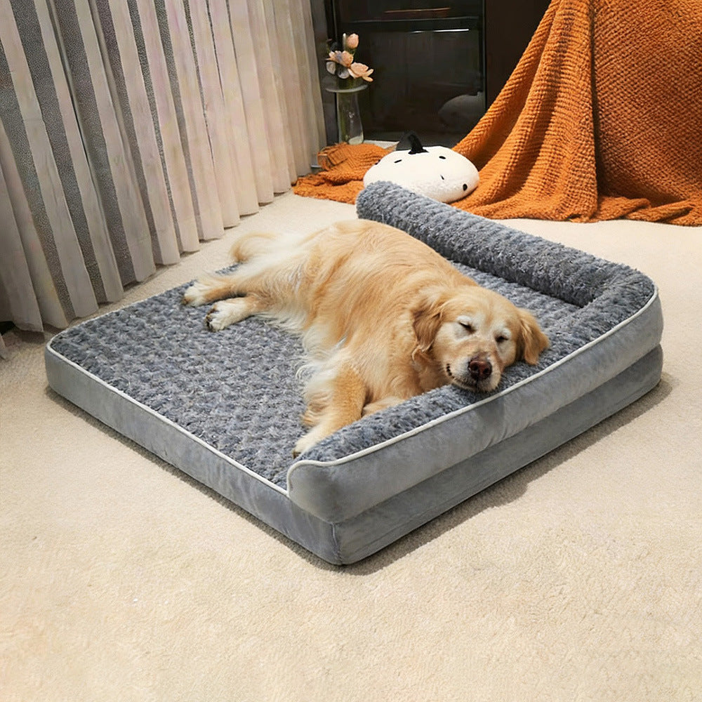 Plush L-shaped dog sofa bed with padded armrests and soft cushioned interior, ideal for medium to large dogs
