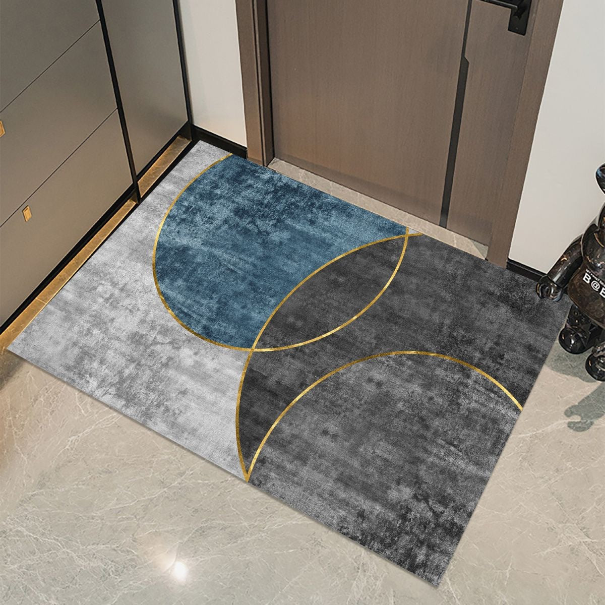 Minimalist crystal velvet entryway doormat with oil-absorbing surface, shown flat in a neutral home setting