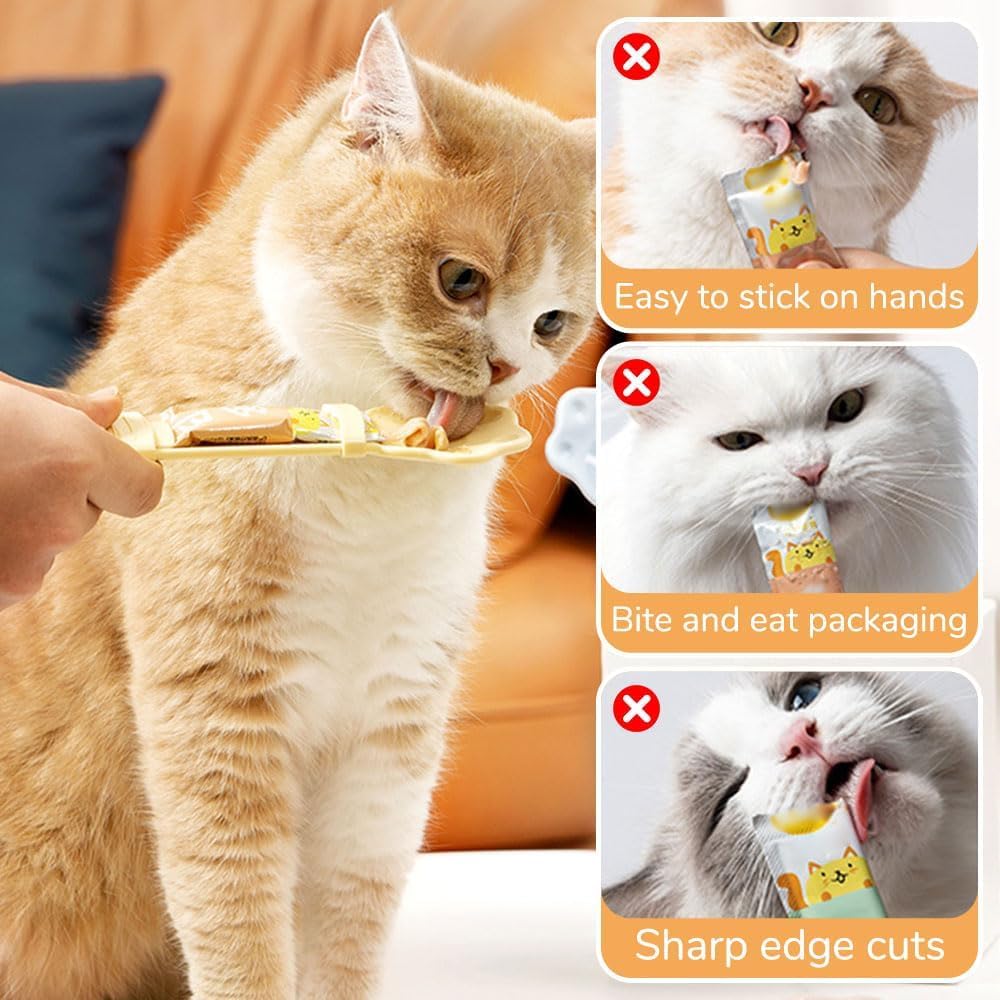Cat treat squeeze spoon lickable feeder dispenser shown from the side, highlighting the soft silicone tip and squeezable tube