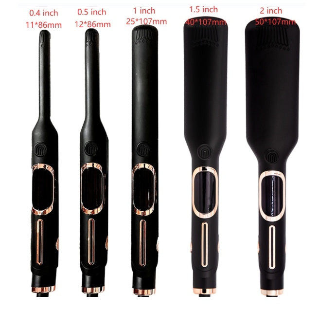 Negative ion flat iron gliding through dark hair, showing smooth and shiny straightened results
