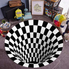 Round area rug featuring a bold 3D swirl vortex illusion print in deep blue and purple tones