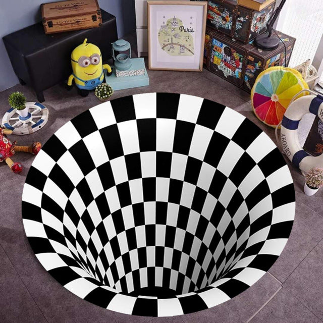 Round area rug featuring a bold 3D swirl vortex illusion print in deep blue and purple tones