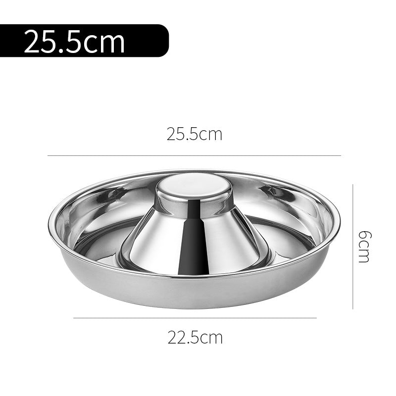 Stainless steel puppy weaning bowl with multiple feeding compartments for litter feeding, shown from above