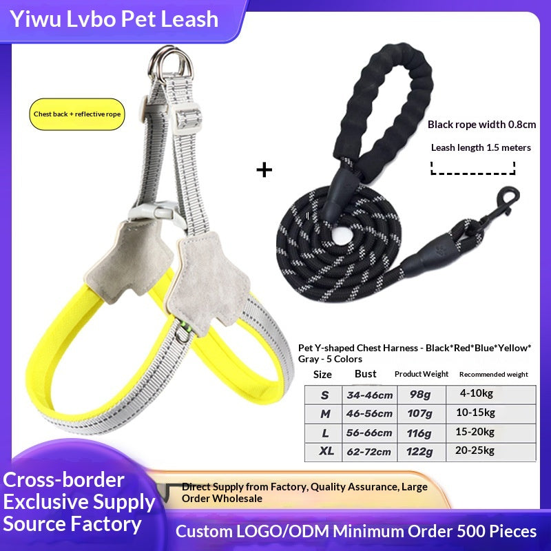 Reflective Y-shape dog harness and leash set shown from the side, highlighting breathable mesh vest design and reflective str
