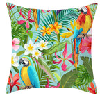 Tropical parrot and plant print throw pillow cover laid flat, showing vibrant botanical pattern on 45x45cm cushion cover