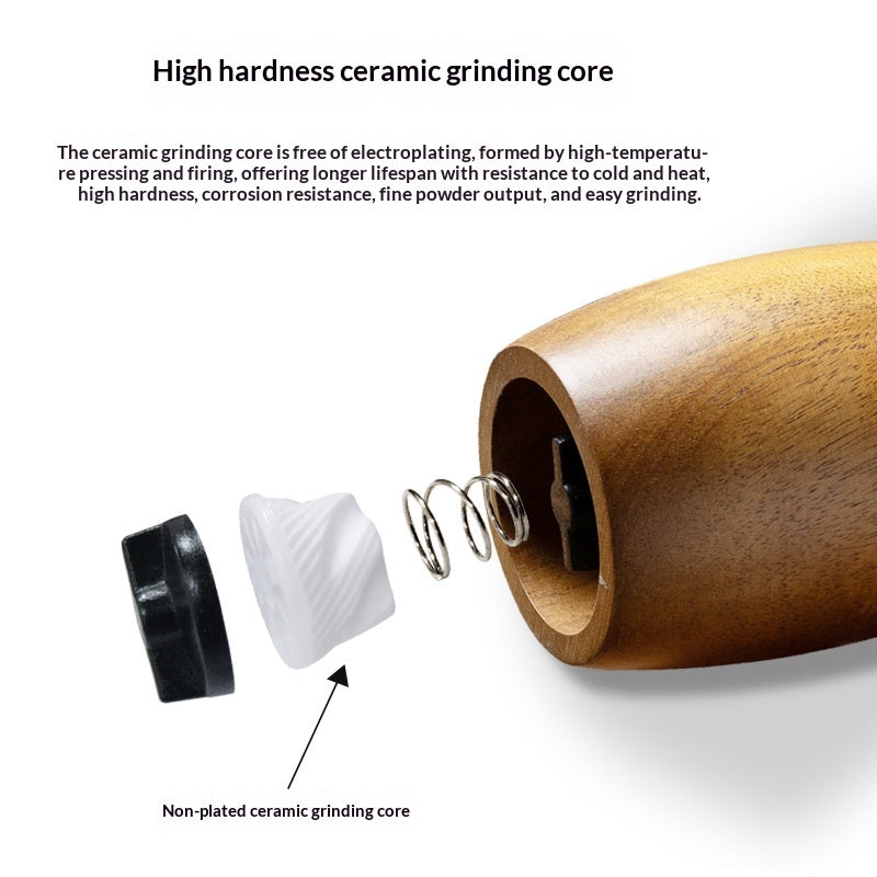 Desert Ironwood pepper mill standing upright, showcasing the natural wood grain and manual ceramic grinder mechanism