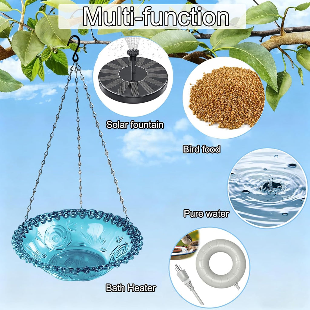 Hanging bird bath and feeder bowl suspended outdoors, showing interior basin detail for garden or yard use