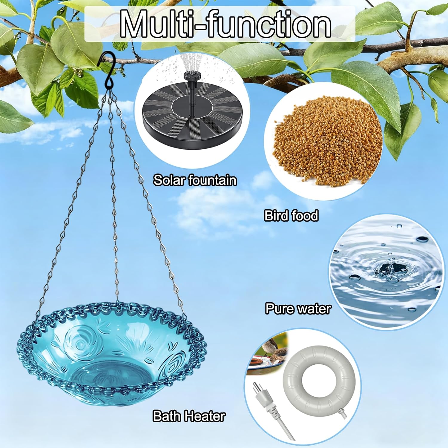 Hanging bird bath and feeder bowl suspended outdoors, showing interior basin detail for garden or yard use