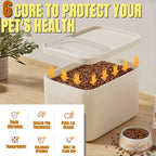 Gray airtight pet food storage container with attached measuring cup, keeping dry kibble fresh and organized