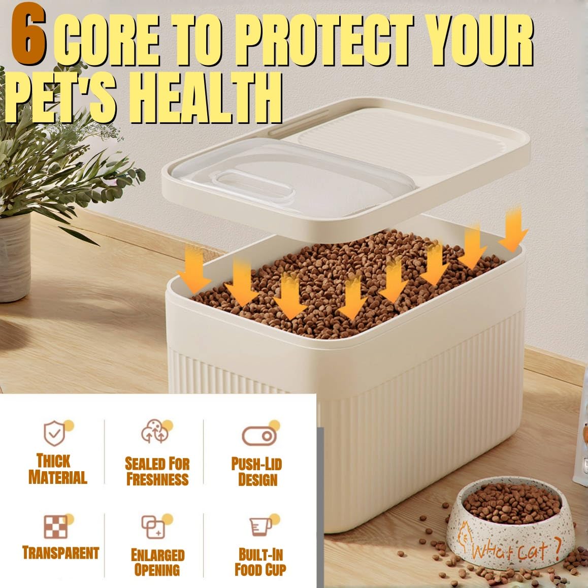 Gray airtight pet food storage container with attached measuring cup, keeping dry kibble fresh and organized