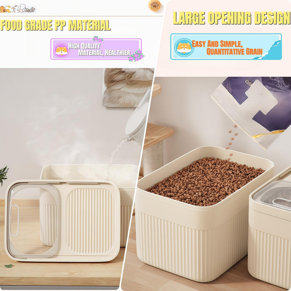Airtight pet food storage container shown with included measuring cup, keeping kibble fresh and dry