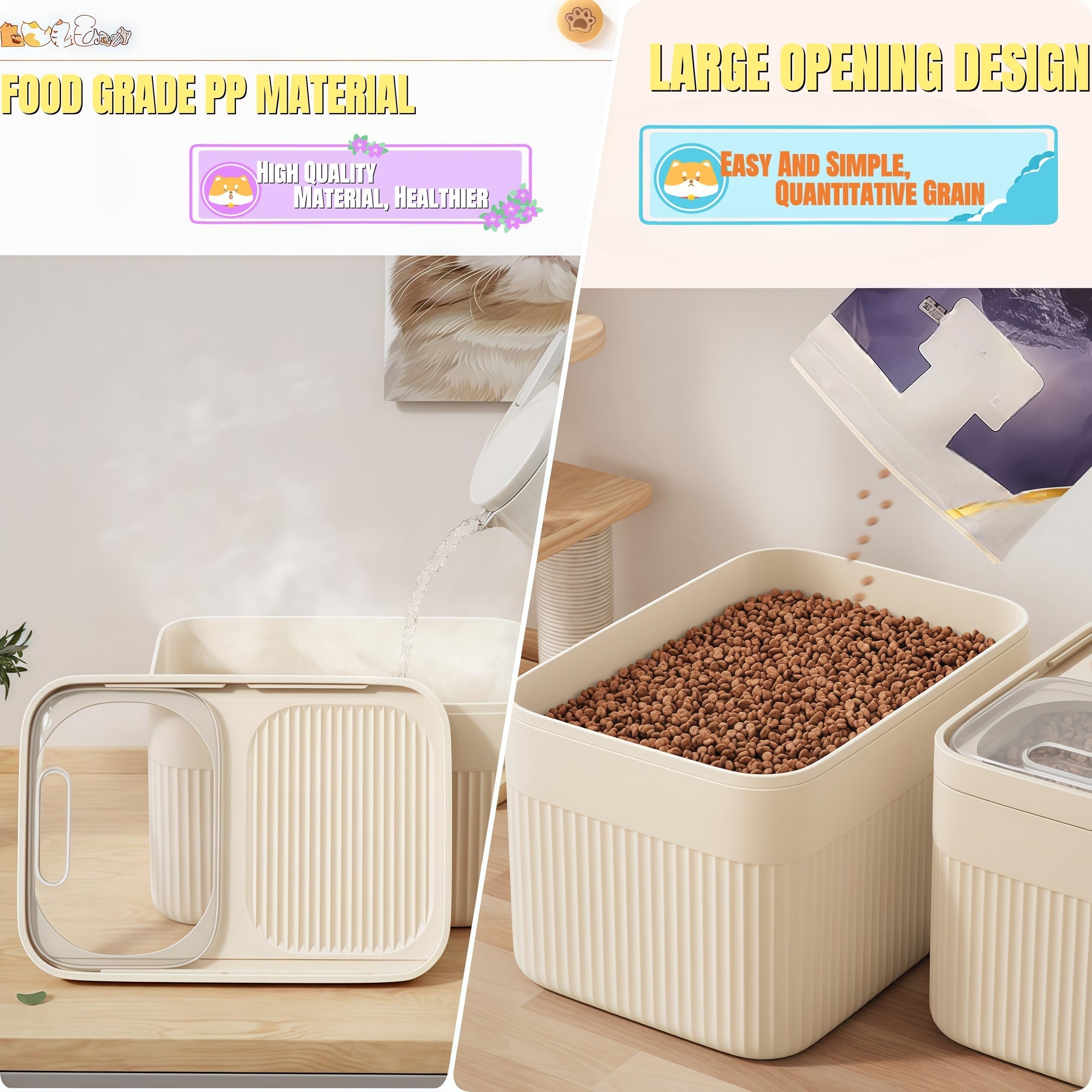 Airtight pet food storage container shown with included measuring cup, keeping kibble fresh and dry