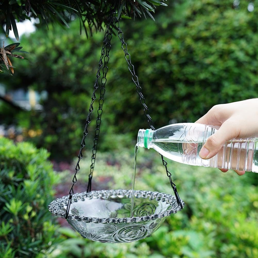 Hanging bird bath and feeder bowl suspended outdoors, showing interior basin detail for garden or yard use