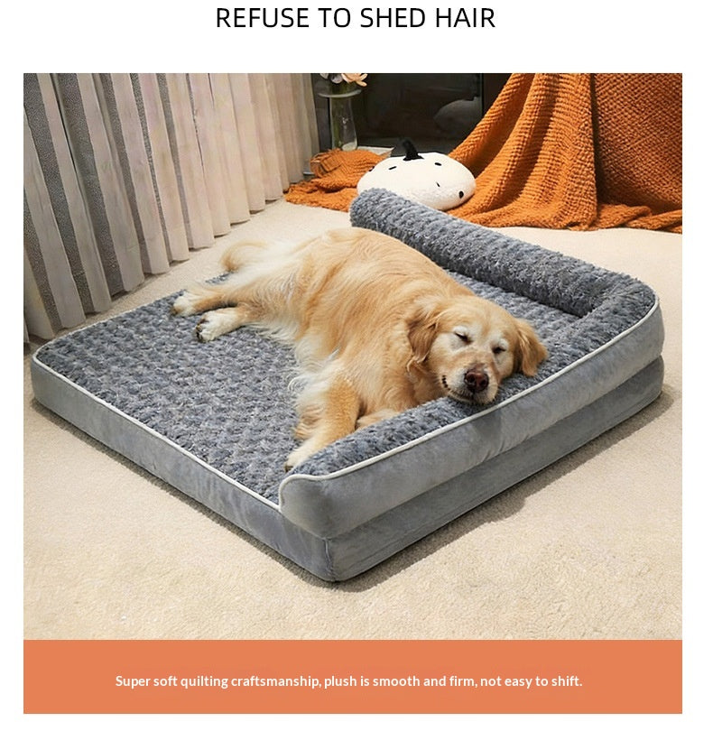 L-shaped dog sofa bed with plush cushioned seating and raised backrest, ideal for medium to large dogs