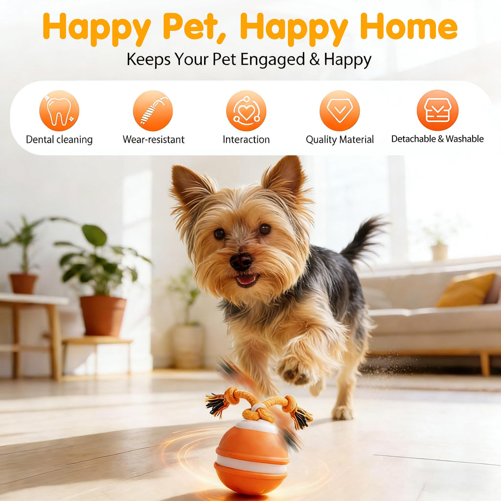Motion-activated interactive dog ball toy emitting birdsong sounds, shown in detail to highlight its squeaky feature for play