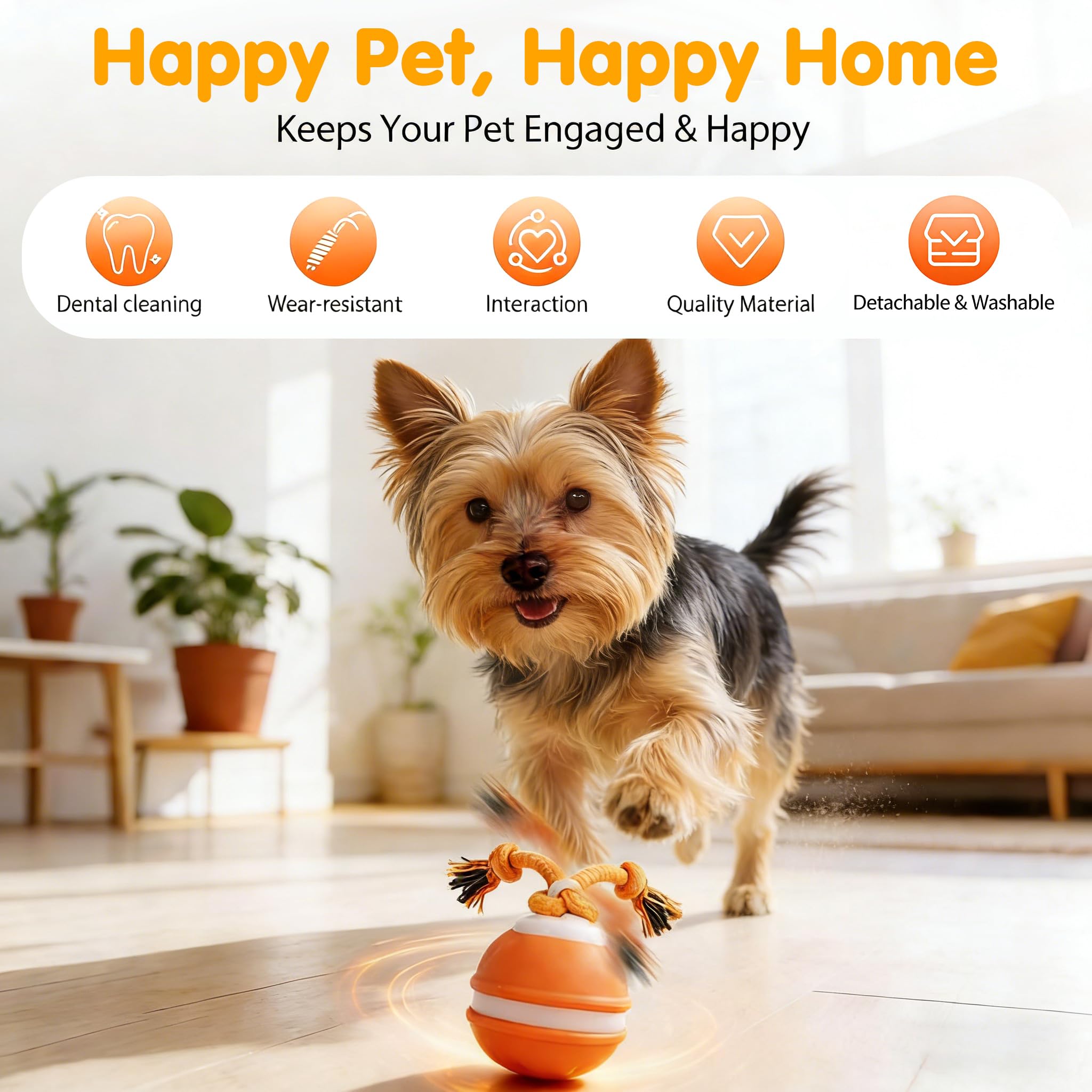 Motion-activated interactive dog ball toy emitting birdsong sounds, shown in detail to highlight its squeaky feature for play