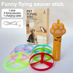 Rechargeable flying disc launcher cat toy shown with six colorful discs included for interactive play