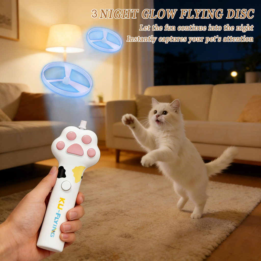 Rechargeable flying disc launcher cat toy shown with six colorful discs included