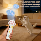 Rechargeable flying disc launcher cat toy shown with six colorful discs included
