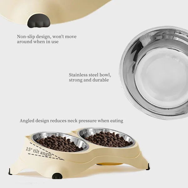Double stainless steel pet bowl set with yellow non-slip base, shown from a side angle highlighting the raised stand