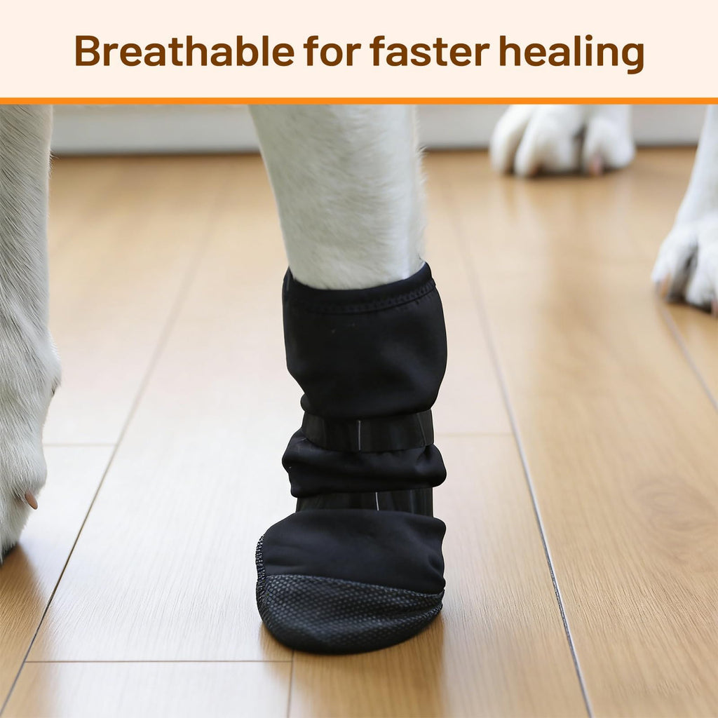 Breathable dog recovery boot shown from the side, highlighting the non-slip sole and secure strap closure for injured paws