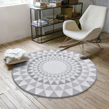 Nordic round area rug with minimalist geometric pattern in neutral tones, soft polyester construction for living room or bedr