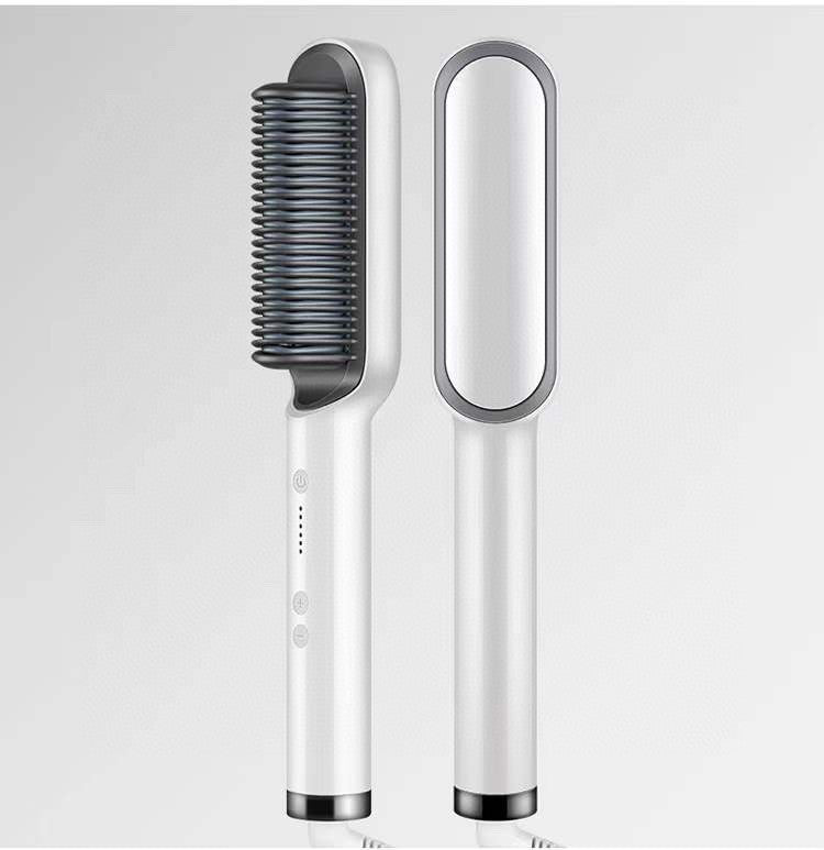 2-in-1 hair straightener and curling brush shown at an angle highlighting the bristles and negative ion styling barrel