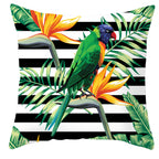Tropical parrot and plant print throw pillow cover laid flat, showing vibrant botanical pattern on 45x45cm cushion cover