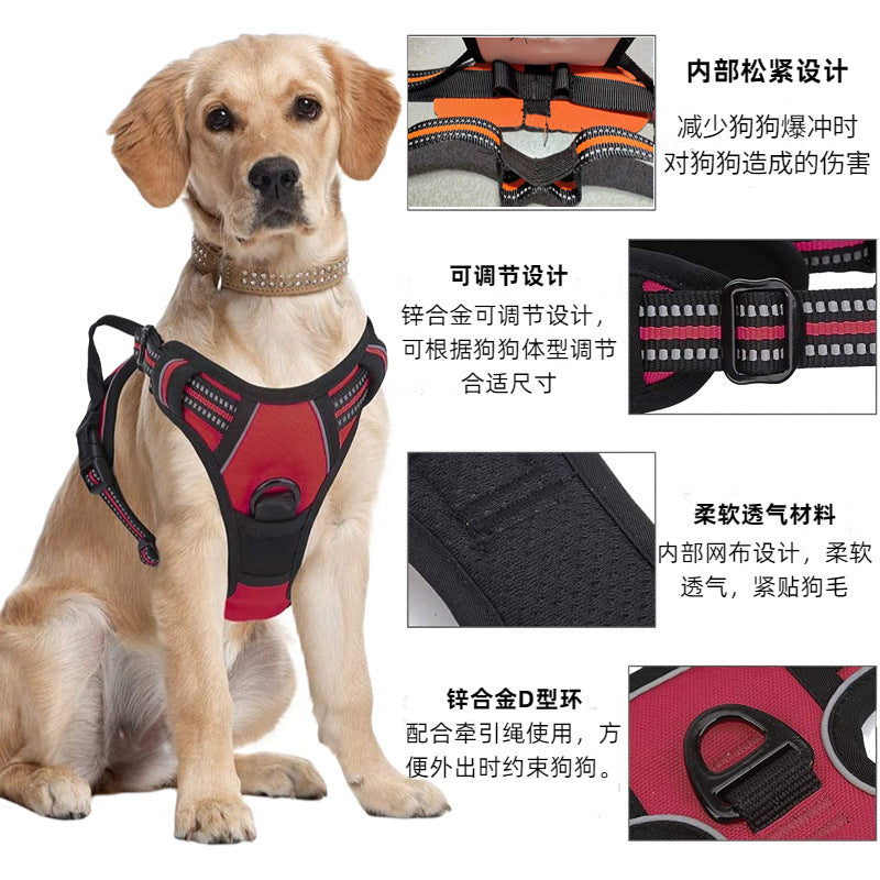 Gray reflective dog vest harness with attached chest-strap leash, shown laid flat to display breathable mesh fabric