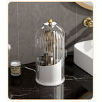 360 rotating makeup brush holder with lid shown open, displaying multiple compartments for organized desktop brush storage