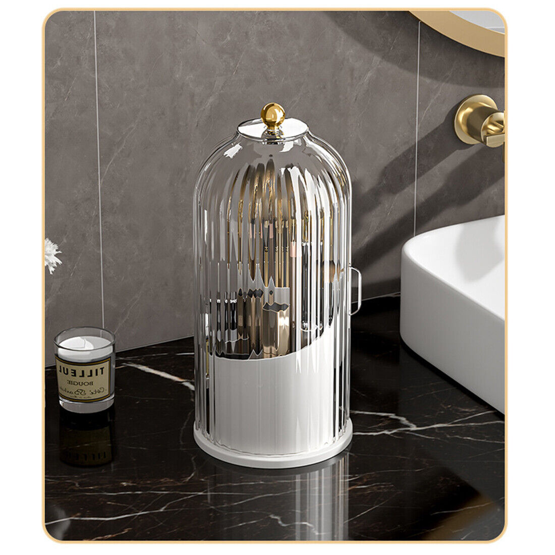 360 rotating makeup brush holder with lid shown open, displaying multiple compartments for organized desktop brush storage