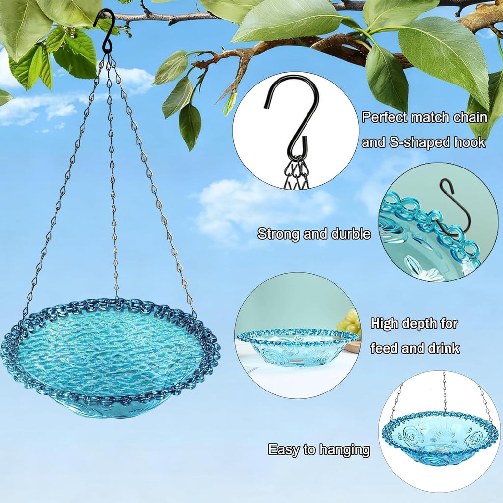Hanging bird bath and feeder bowl suspended outdoors, showing interior basin detail for garden or yard use