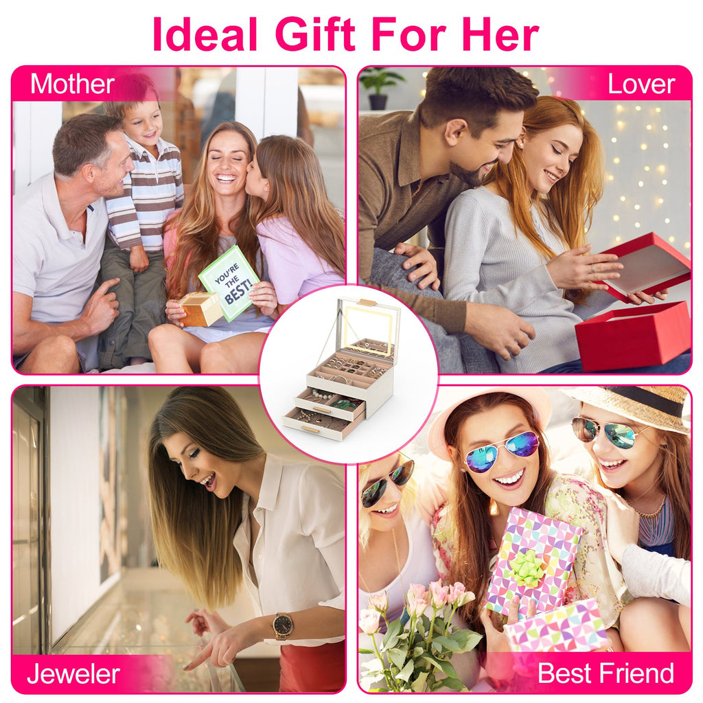 3-layer jewelry box organizer open to show LED mirror, ring slots, and necklace hooks inside