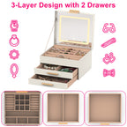 3-layer jewelry box organizer open to show LED mirror, ring slots, and two storage drawers for organized jewelry storage