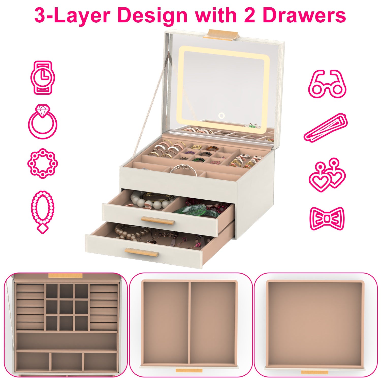 3-layer jewelry box organizer open to show LED mirror, ring slots, and two storage drawers for organized jewelry storage