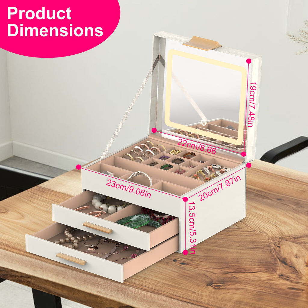 3-layer jewelry box organizer open to show LED mirror, ring slots, and necklace hooks inside