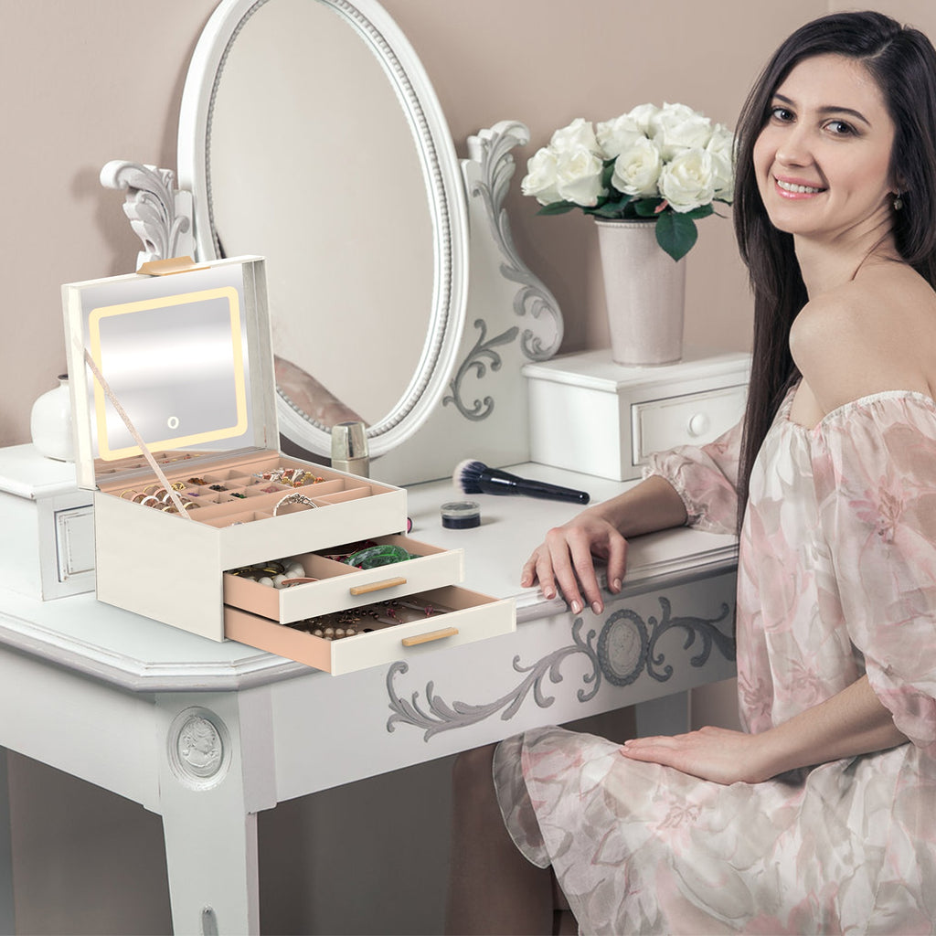 3-layer jewelry box organizer open to show LED mirror, ring rolls, and necklace hooks inside