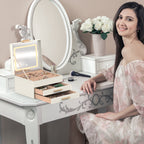 3-layer jewelry box organizer open to show LED mirror, ring rolls, and necklace hooks inside
