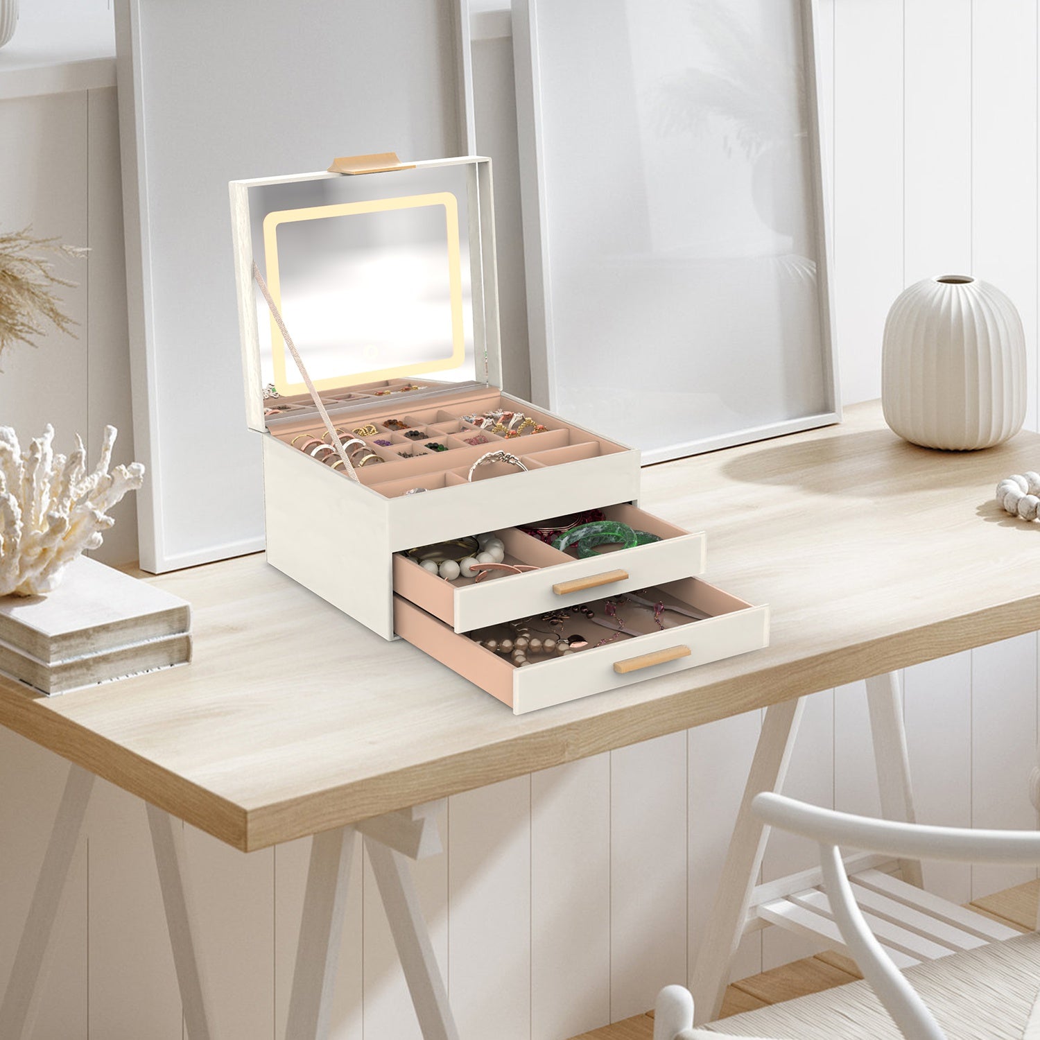 3-layer jewelry box organizer open to reveal LED mirror, ring slots, and necklace hooks inside