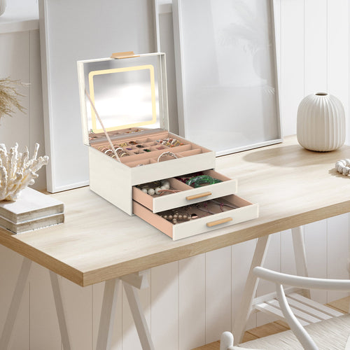 3-layer jewelry box organizer open to reveal LED mirror, ring slots, and necklace hooks inside