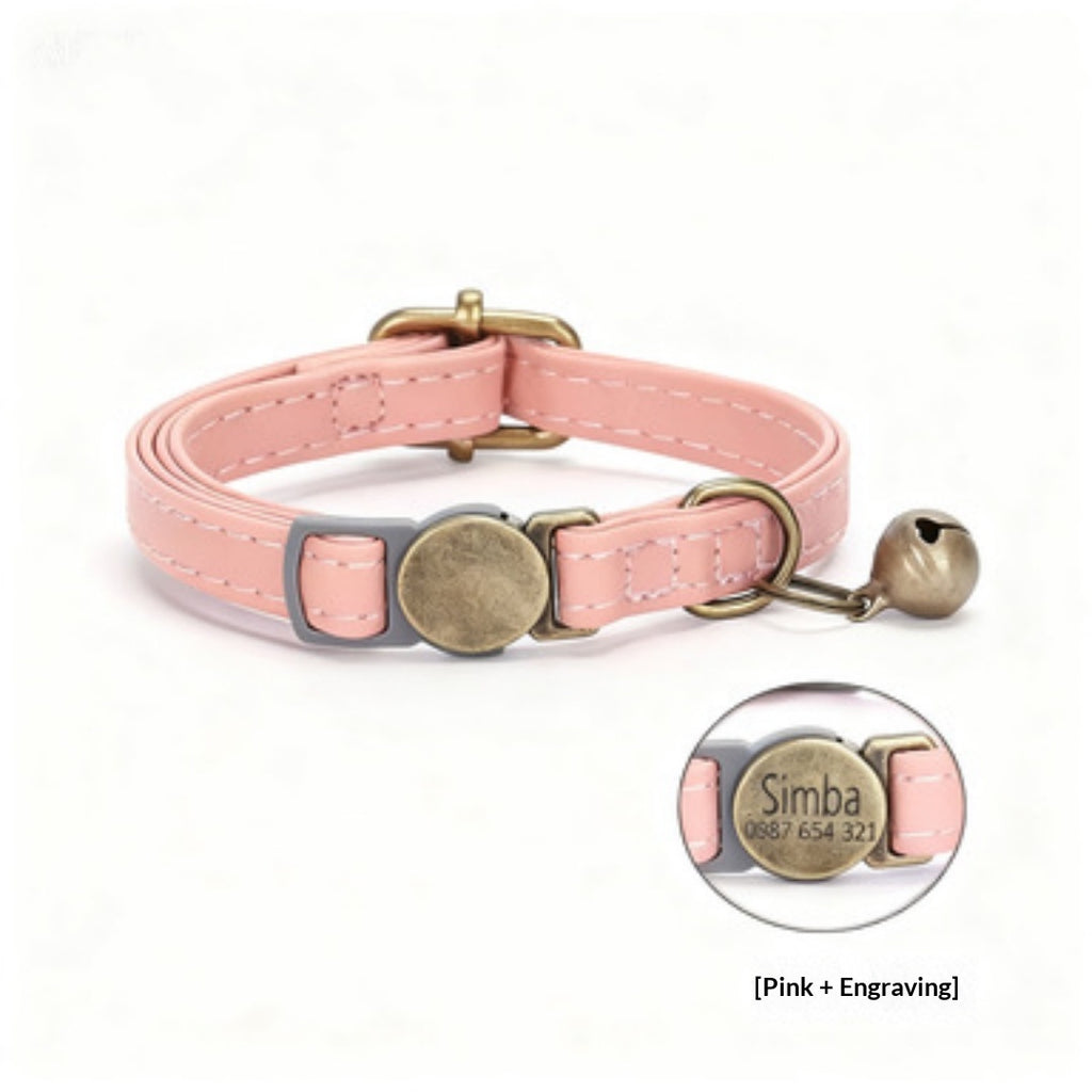 Close-up of a retro-style leather cat collar with vintage-inspired hardware detail