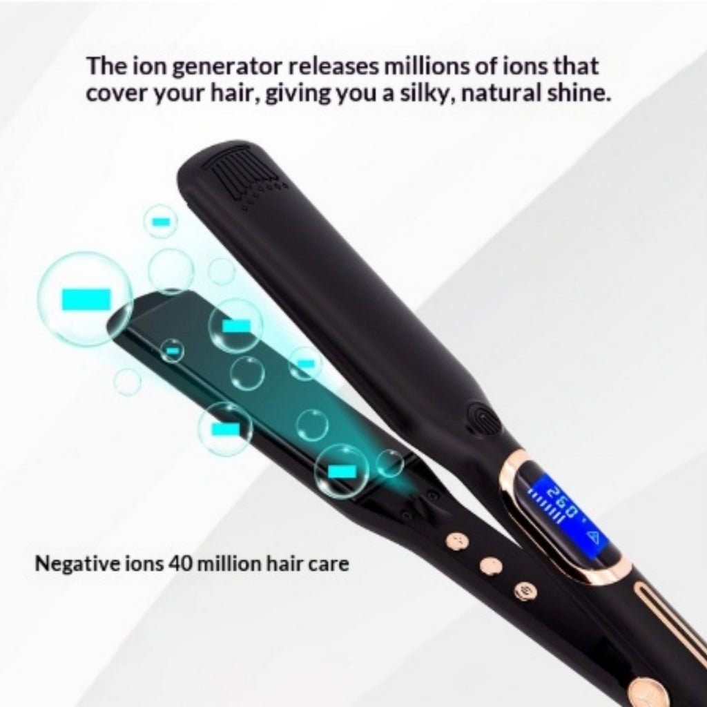 Negative ion flat iron with sleek ceramic plates for smooth, frizz-free hair styling at home