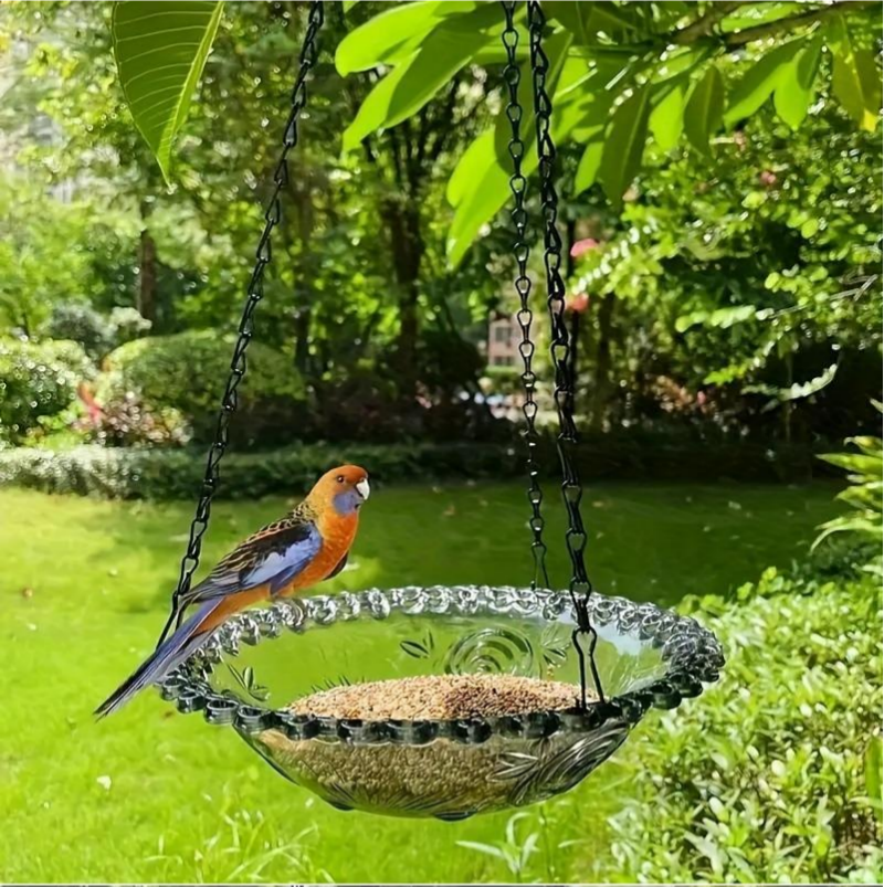 Hanging bird bath and feeder bowl suspended outdoors, showing interior basin detail for garden or yard use